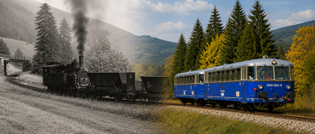 Eine alte Dampflokomotive mit Kohlenwagen fährt auf einer Bahnstrecke, mit einem modernen blauen Zug im Hintergrund, vor einer Berglandschaft mit herbstlichen Bäumen.
