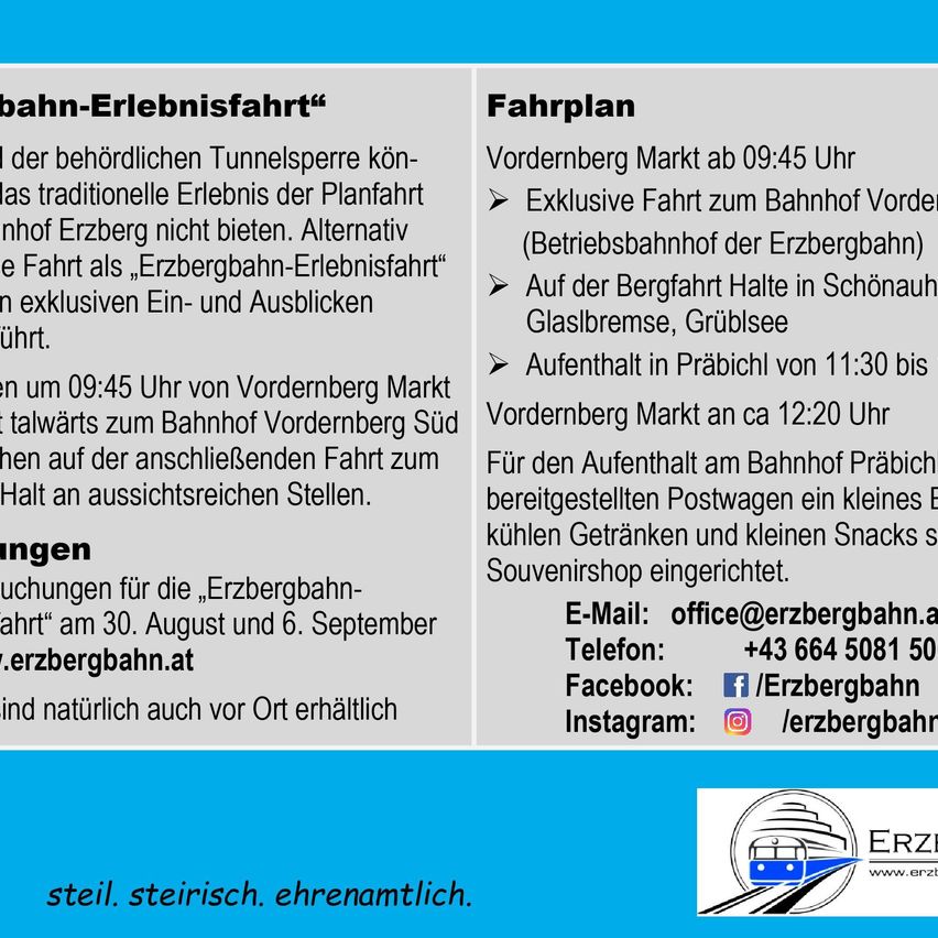 Das Bild zeigt einen Fahrplan für Erzbergbahn-Erlebnistouren, mit Abfahrtszeiten, Haltestellen und verfügbaren Annehmlichkeiten während der Tour. Es enthält Informationen über exklusive Haltestellen, Erfrischungen und Kontaktdaten.