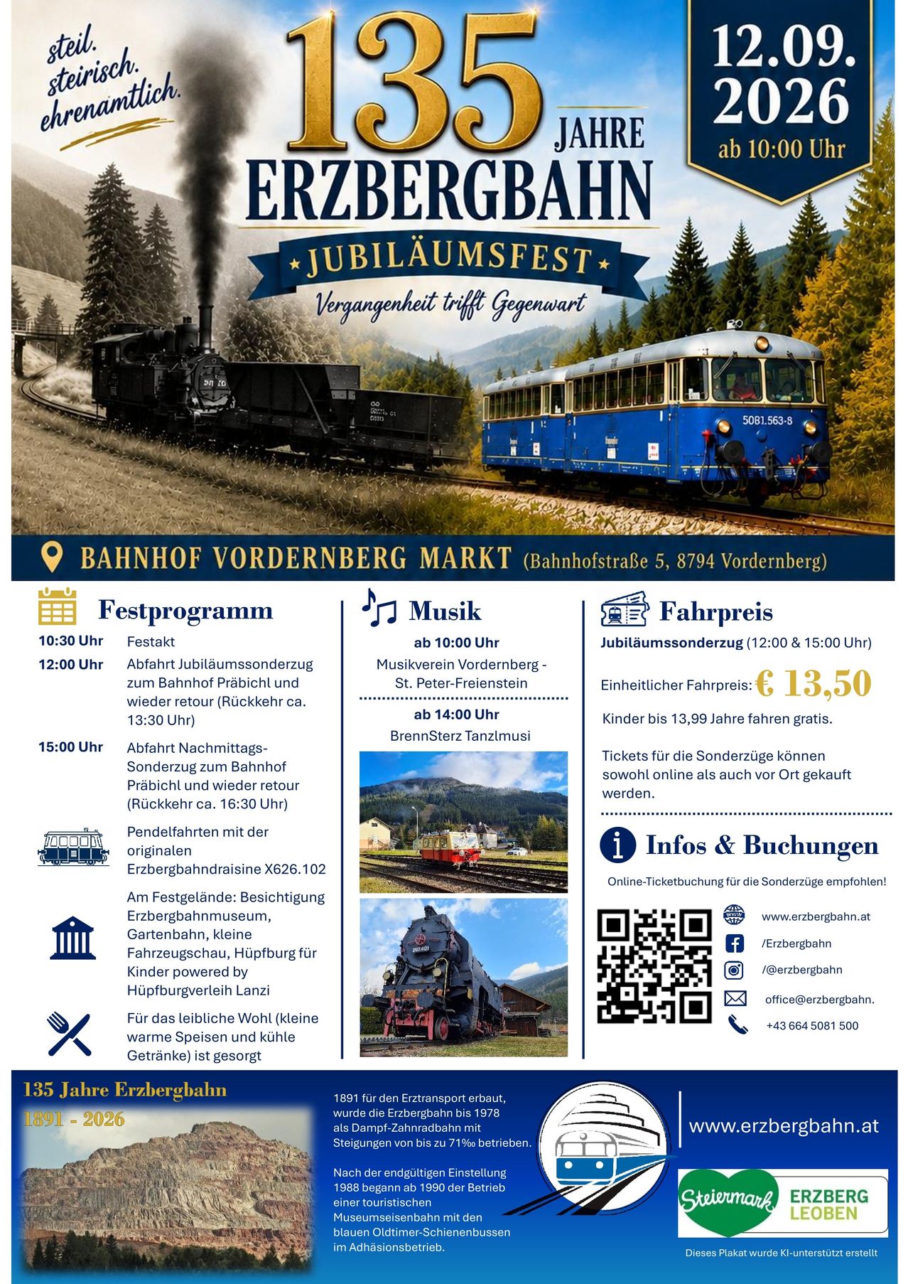 Poster for Erzbergbahn's Jubilee Festival. It features two trains, one steam and one electric, on tracks with scenic backgrounds. The poster includes a schedule, ticket prices, and information about the event.