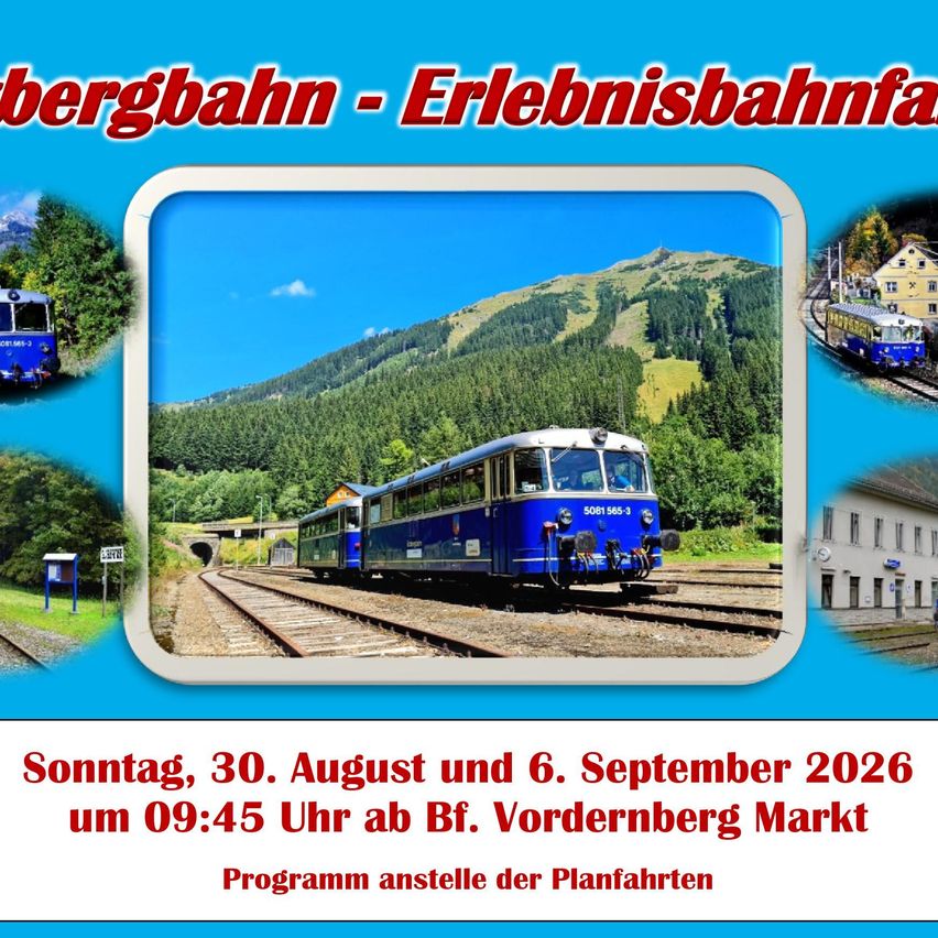 Poster for the Bergbahn-Erlebnisbahnfahrt event on August 30 and September 6, 2026. A blue train is on the tracks with mountains and trees in the background.