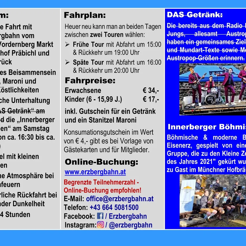 Ein Plakat, das ein musikalisches Ereignis mit einer Band auf der Bühne bewirbt. Das Plakat enthält Informationen über den Zeitplan der Veranstaltung, die Ticketpreise und die Online-Buchung.