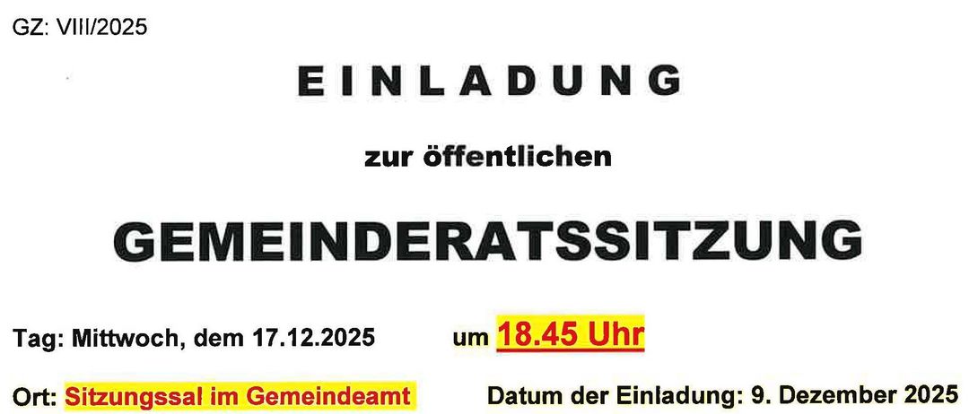 Offizielle Einladung von Gemeinde Heimschuh, Mitglied des Naturparks Südsteiermark, zur öffentlichen Gemeinderatssitzung am Mittwoch, 17. Dezember 2025, um 18:45. Einladungsdatum: 9. Dezember. Unterzeichnet von Bürgermeister Alfred Lenz. Adresse: Heimschuhstrasse 32, 8451 Heimschuh, mit Kontaktdaten.
