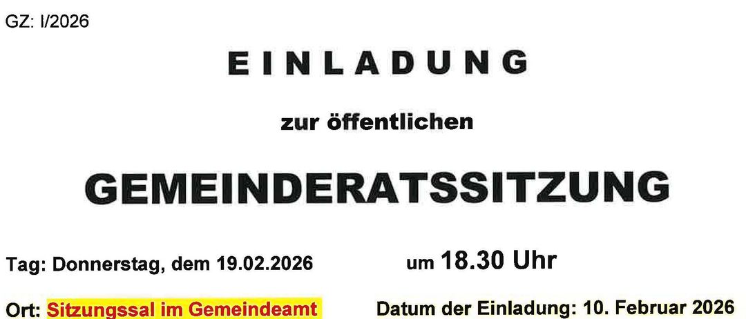 Einladung der Gemeinde Heimschuh zur öffentlichen Gemeinderatssitzung am Donnerstag, 19. Februar 2026 um 18:30 Uhr im Gemeindeamt. Einladungsdatum: 10. Februar. Unterzeichnet vom Bürgermeister.