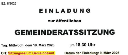 Einladung zur öffentlichen Gemeinderatssitzung. Datum: 18. März 2026, um 18:30 Uhr. Einladungsdatum: 9. März 2026. Bürgermeister Alfred Lenz.