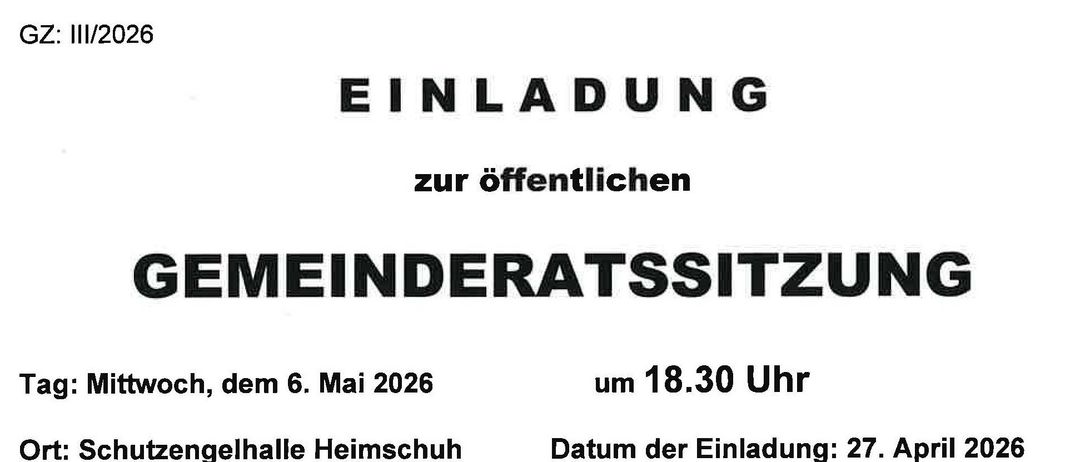 Invitation to the public municipal council meeting in Heimschuh, scheduled for Wednesday, May 6, 2026, at 6:30 PM in the Schutzenhalle Heimschuh. The invitation date is April 27, 2026. Signed by Mayor Alfred Lenz.