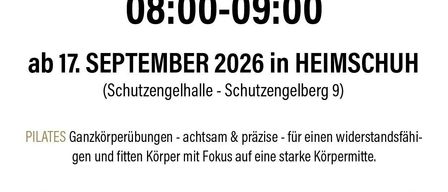 Poster for Ganzkörpertraining Pilates on Thursdays from 8:00-9:00 starting September 17, 2026 in Heimschuh. Details and registration info provided.