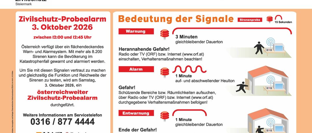 Plakat für einen Zivilschutzalarmtest im Oktober 2026, das die Bedeutung verschiedener Signale und Anweisungen für die Öffentlichkeit erläutert. Es enthält einen QR-Code zum Herunterladen der ZIVA-App und einen Link zur Website des Zivilschutzverbandes.