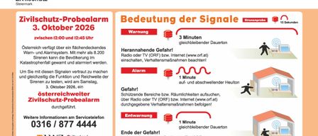 Poster for a civil protection alarm test on October 2026, detailing the meaning of different signals and instructions for the public. It includes a QR code for downloading the ZIVA app and a link to the Civil Protection Association website.