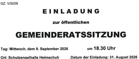 An invitation to the public community council meeting on Wednesday, September 9, 2026, at 6:30 PM at the Heimschuh Protection Hall. Invitation date: August 31. Signed by Alfred Lenz, Mayor.
