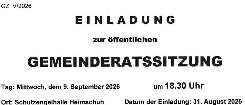 An invitation to the public community council meeting on Wednesday, September 9, 2026, at 6:30 PM at the Heimschuh Protection Hall. Invitation date: August 31. Signed by Alfred Lenz, Mayor.