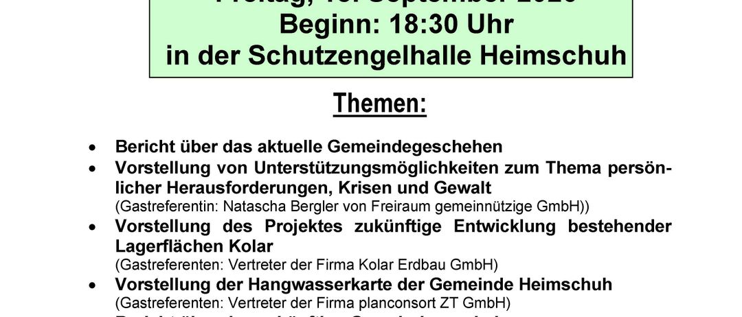 Amtliche Mitteilung zur Bürgerversammlung am Freitag, 18. September 2026, Beginn 18:30 Uhr in der Schutzengelhalle Heimschuh. Themen: Aktuelle Gemeindeangelegenheiten, Unterstützungsmöglichkeiten für persönliche Herausforderungen, Präsentationen zukünftiger Projekte und zukünftige Gemeindepläne.