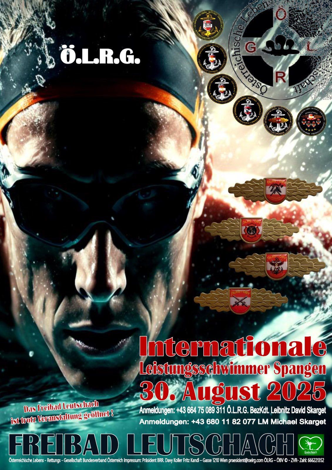 Ein Bild eines Schwimmers mit Schwimmbrille und Mütze, der im Wasser schwimmt, mit drei Abzeichen an der Seite. Der Text lautet Internationale Leistungsschwimmer Spannen 30. August 2025.