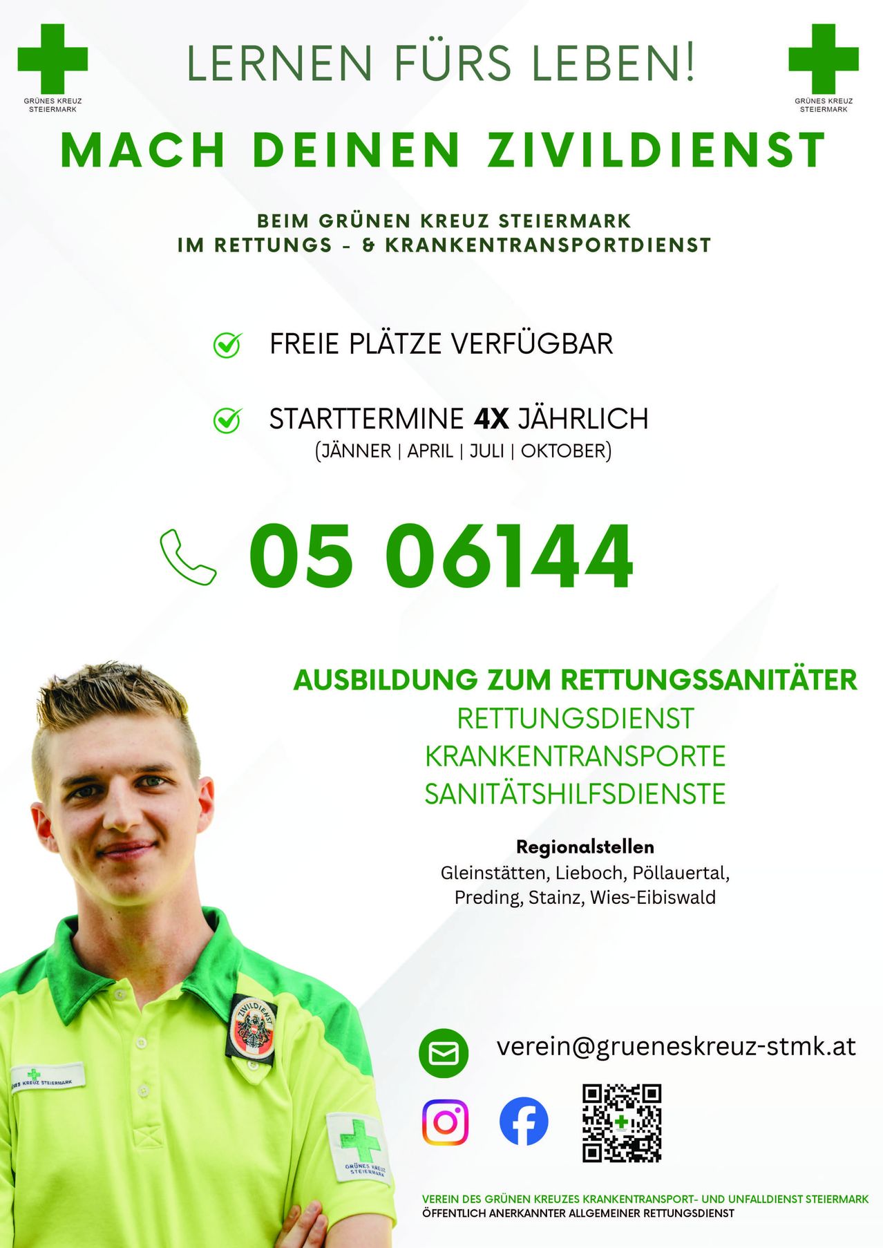 Werbeanzeige für das Grüne Kreuz Steiermark im Rettungs- und Krankentransportdienst mit einem lächelnden Mann in Uniform. Freie Plätze verfügbar. Schulungen viermal im Jahr. Telefonnummer angegeben.