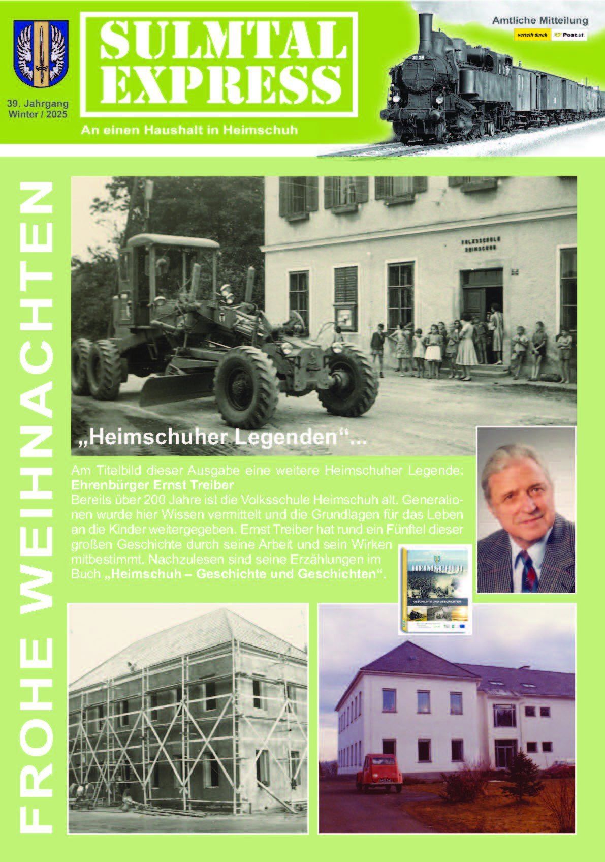 Plakat für Heimschuh-Legenden mit einem Foto eines Traktors und eines Gebäudes. Es zeigt einen Titel, ein Bild eines Mannes und Text über die Geschichte und Geschichten von Heimschuh.