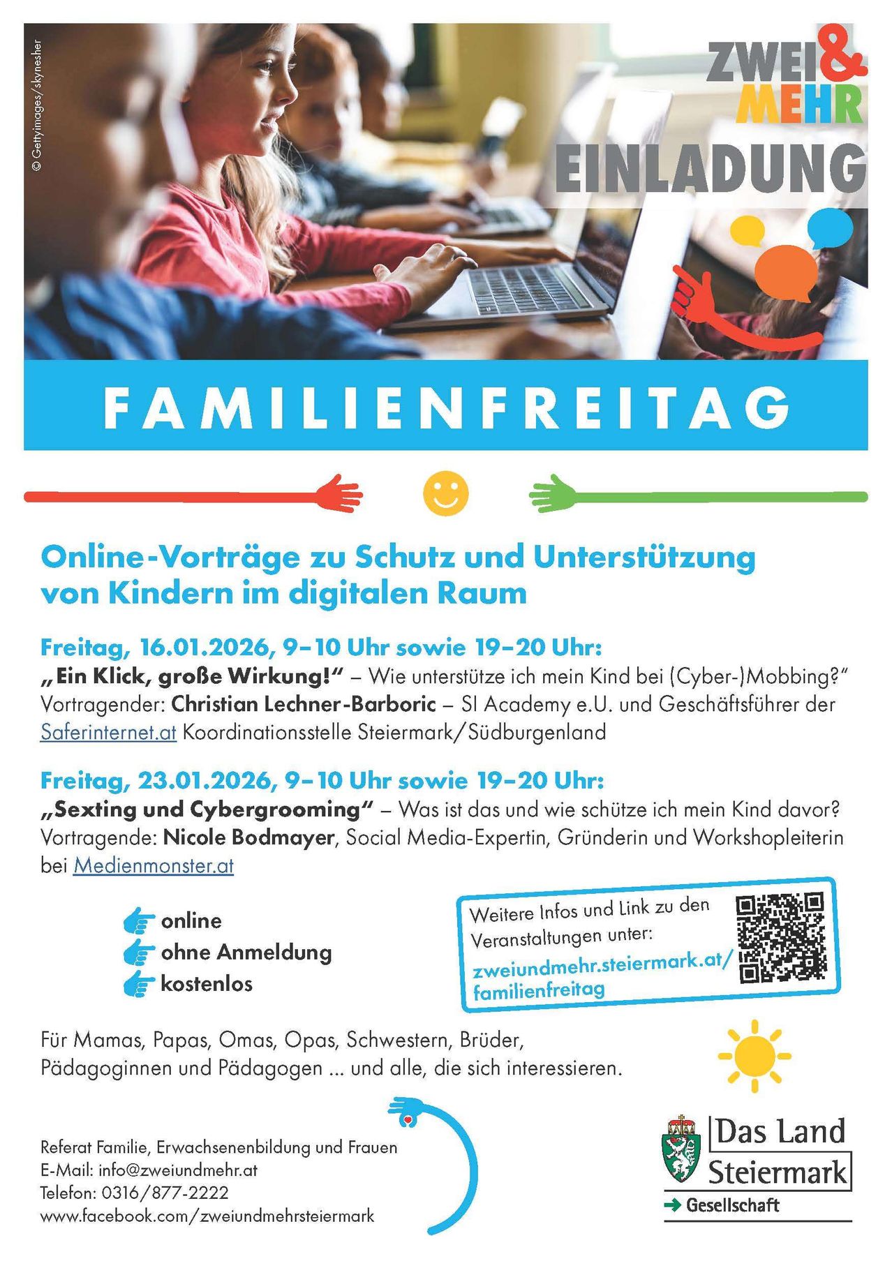 Ein Plakat für einen Familienfreitag mit Online-Workshops zum Schutz und zur Unterstützung von Kindern im digitalen Raum. Zwei Sitzungen sind für den 16. und 23. Januar 2026 geplant. Die erste Sitzung befasst sich mit (Cyber-)Mobbing und die zweite mit Sexting und Cybergrooming. Details und Anmeldung sind angegeben.