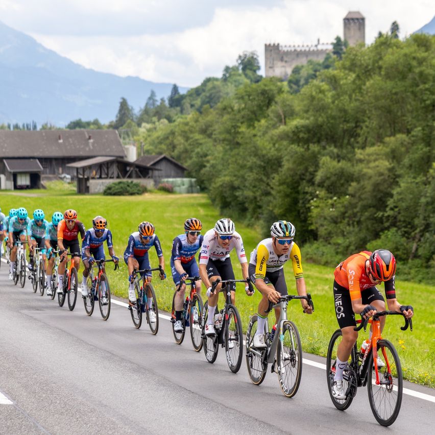 Eine Gruppe von Radfahrern fährt eine Straße hinunter, umgeben von üppigen grünen Feldern und Bäumen. Im Hintergrund bilden ein Schloss und Berge eine malerische Kulisse.