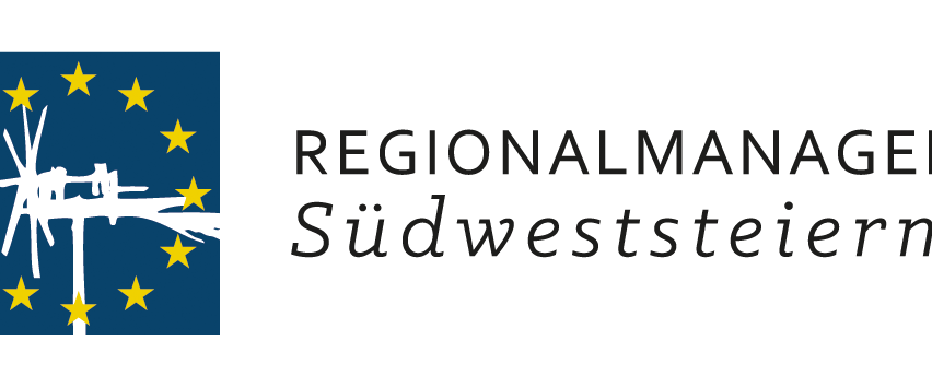 Das Logo für Regionalmanagement Suedweststeiermark, mit einem stilisierten Europaflagge mit Sternen und einem Turm auf dunklem Hintergrund.