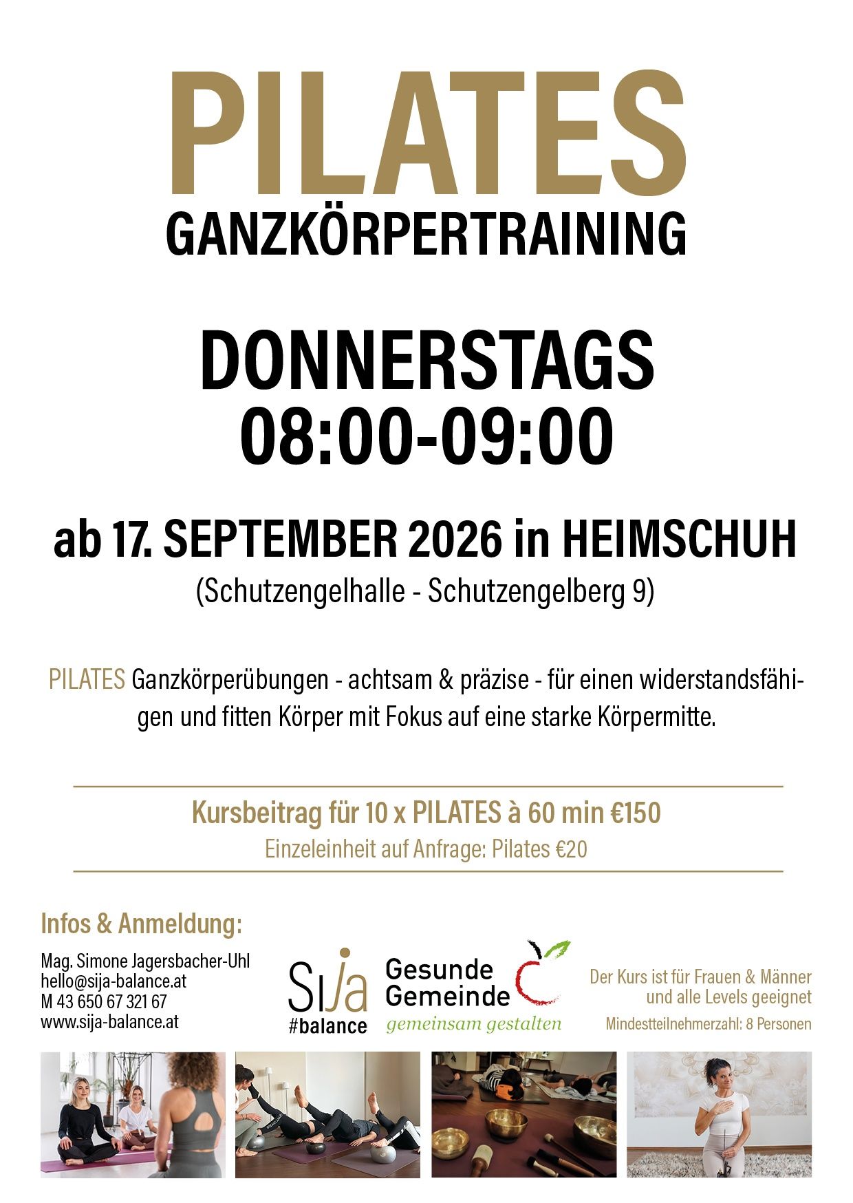 Plakat für ein Ganzkörpertraining am Donnerstag von 8:00 bis 9:00 Uhr, beginnend am 17. September 2026 in Heimschuh. Die Einheit umfasst Pilates-Übungen mit Fokus auf einen starken Kern.