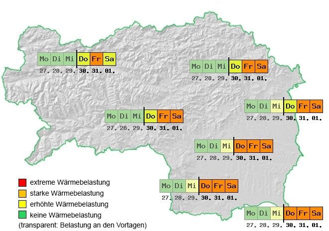 Eine Karte, die verschiedene Stufen der Hitzebelastung in einer Region zeigt, kategorisiert nach Farbe. Rot zeigt extreme Hitzebelastung, Orange starke Hitzebelastung, Gelb erhöhte Hitzebelastung und Grün keine Hitzebelastung. Die Karte enthält Daten und Orte.