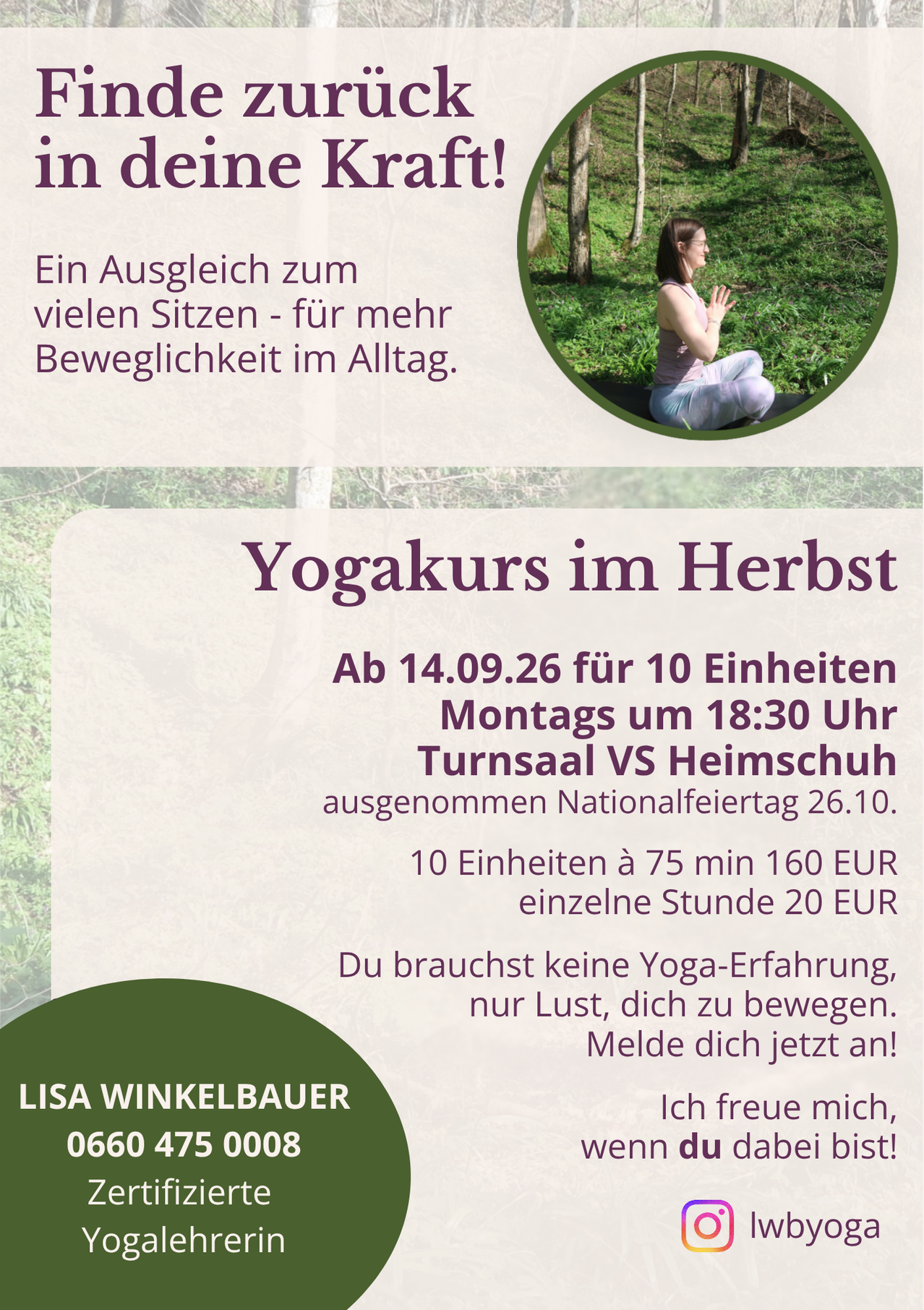 Ein Werbeplakat für einen Yoga-Kurs im Herbst. Es zeigt eine Frau, die Yoga im Park praktiziert, mit Informationen zum Kursplan und Kontaktdetails.