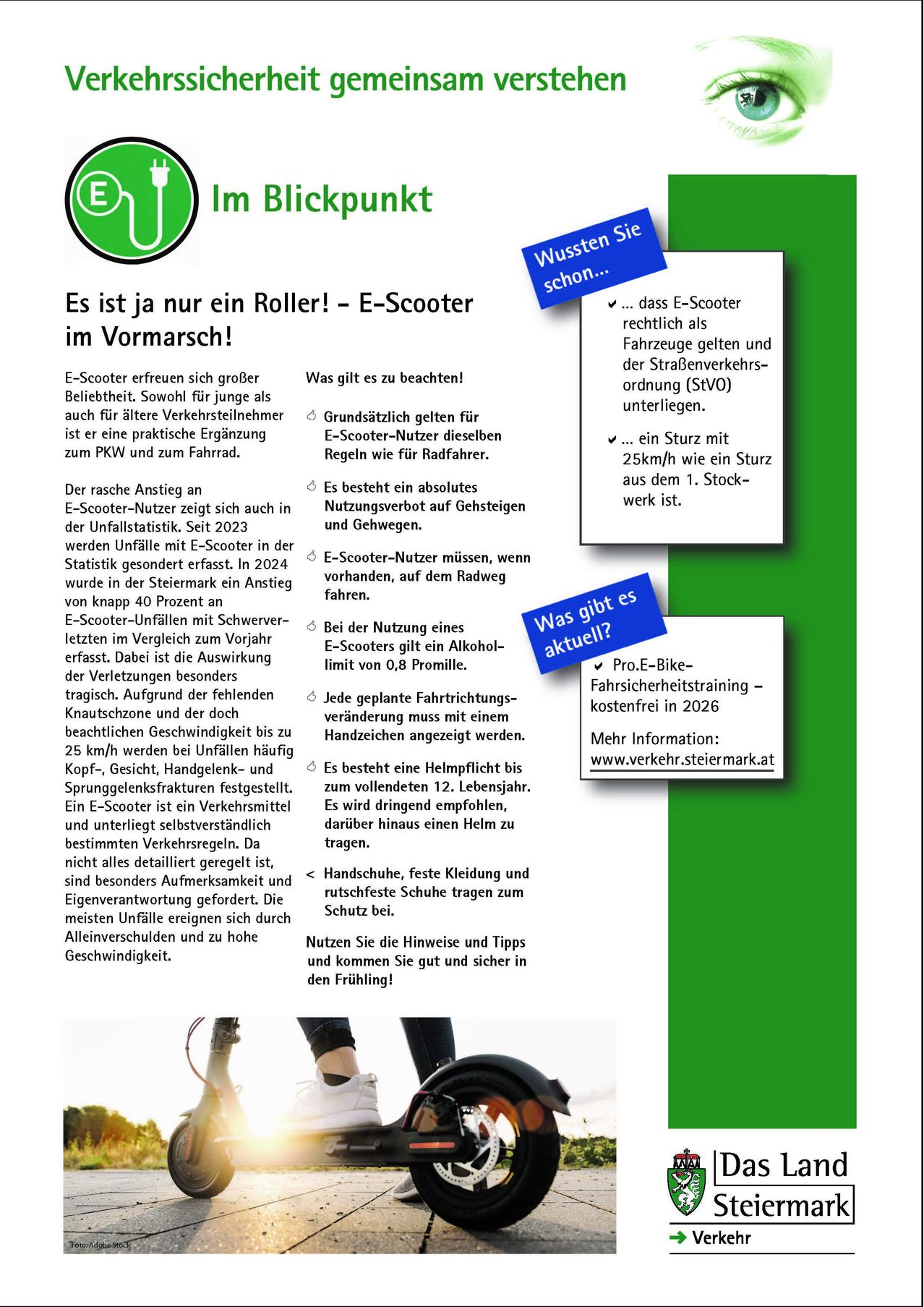 An infographic about E-Scooters in Austria, highlighting safety tips and regulations. It includes information on alcohol limits, helmet requirements, and the need for a bike safety training. The image also features a QR code for more information.