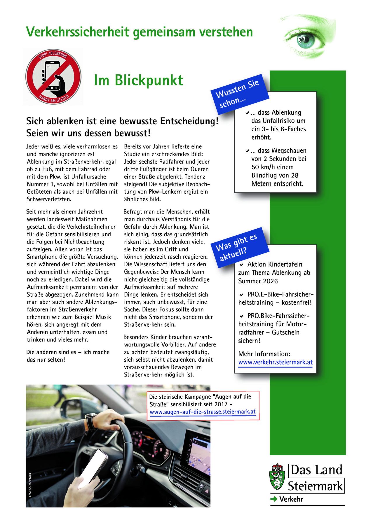 Ein Aufklärungsposter über die Gefahren des ablenkten Fahrens, das die Risiken der Smartphone-Nutzung während des Fahrens und die Möglichkeit schwerer Unfälle hervorhebt. Es enthält Statistiken und ruft zu Bewusstsein und Handeln auf.