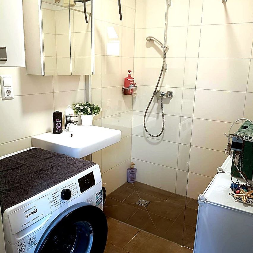 Ein kleines Badezimmer mit einem weißen Waschbecken, einer Waschmaschine und einer Duschkabine. Das Waschbecken hat eine Topfpflanze und eine Flasche. Die Dusche hat einen Duschkopf und einen Korb.