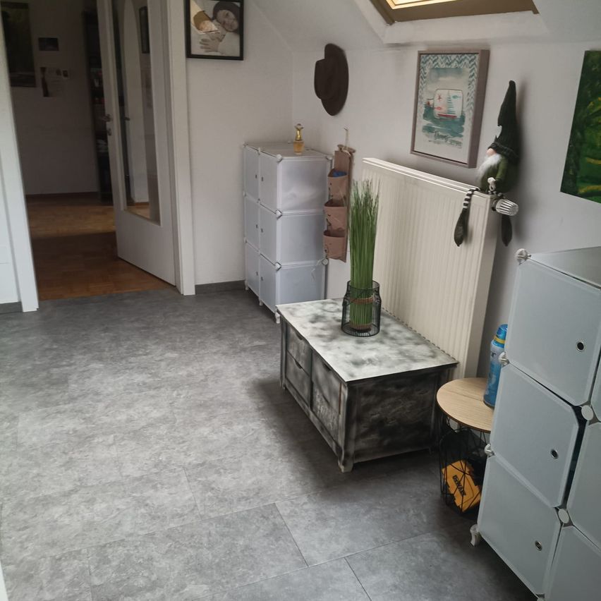 Ein kleiner Raum mit grau gefliestem Boden, einer weißen Tür und einem weißen Schrank mit einer Pflanze darauf. Ein Heizkörper und ein Bilderrahmen sind an der Wand montiert.