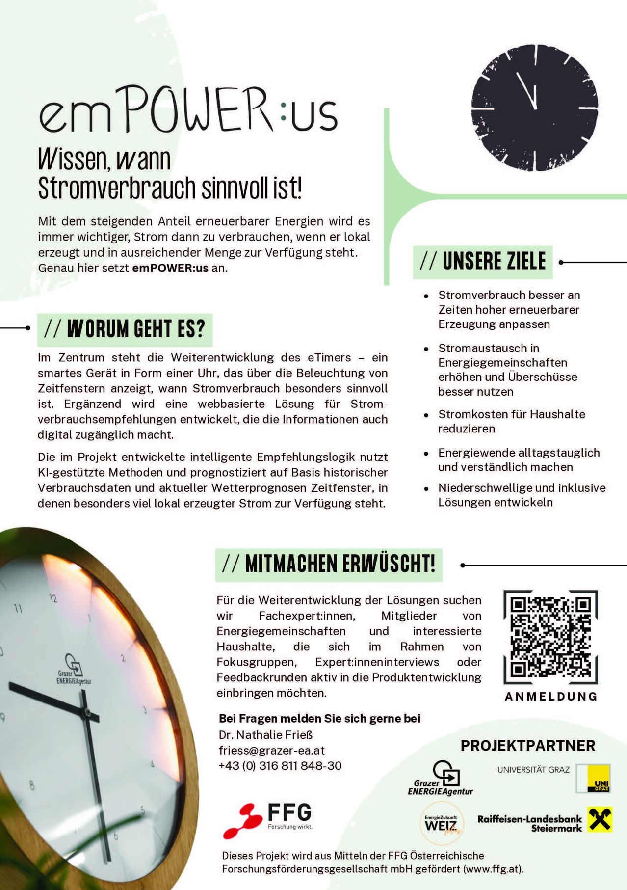 Ein Infografik über emPOWER:us, ein Projekt zur Förderung des lokalen Verbrauchs erneuerbarer Energien. Es zeigt einen Smart Meter, eine Uhr und einen QR-Code für die Anmeldung. Der Text behandelt die Bedeutung der lokalen Energieproduktion und -verbrauchs sowie die Ziele des Projekts.