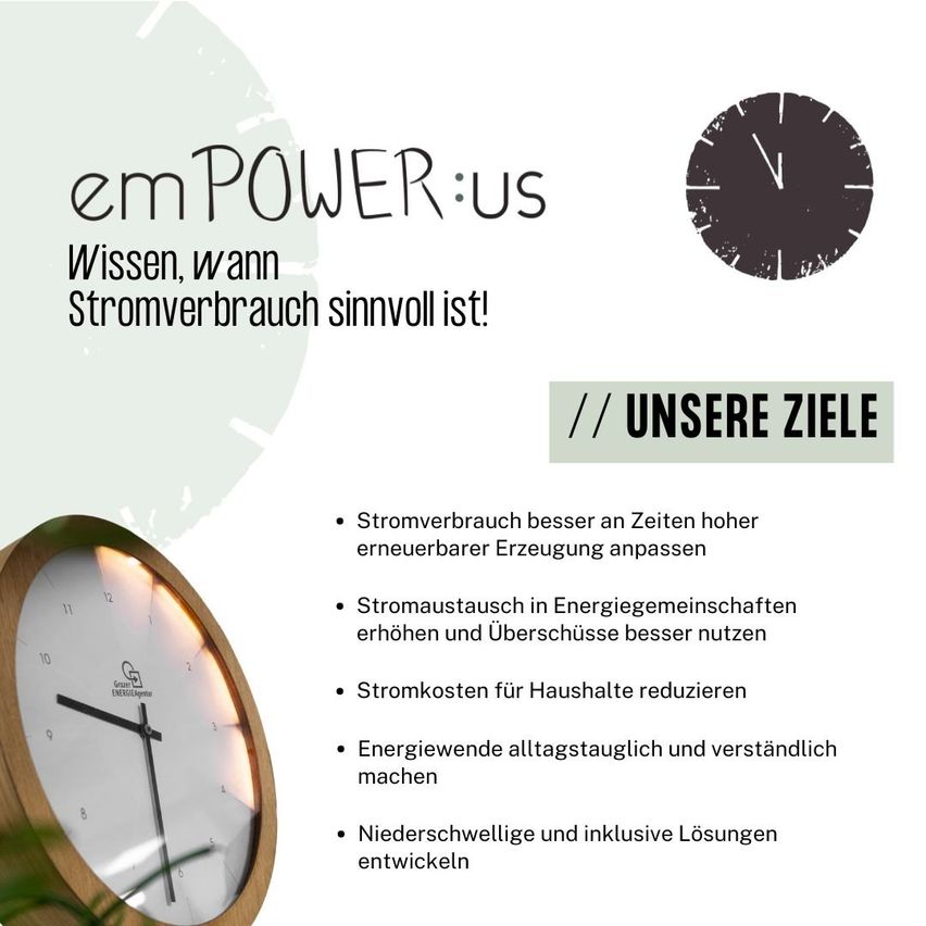 Eine Werbung für emPOWER:us mit einer Uhr und Text über Ziele zur Energieverbrauch. Die Uhr zeigt die Zeit 10:10 an.