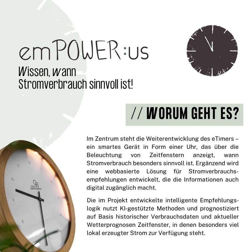 Eine Werbung für ein intelligentes Gerät namens eTimer, das eine Uhr ist, die anzeigt, wann der Stromverbrauch besonders hoch ist. Es beinhaltet auch eine webbasierte Lösung für Stromverbrauchsempfehlungen.