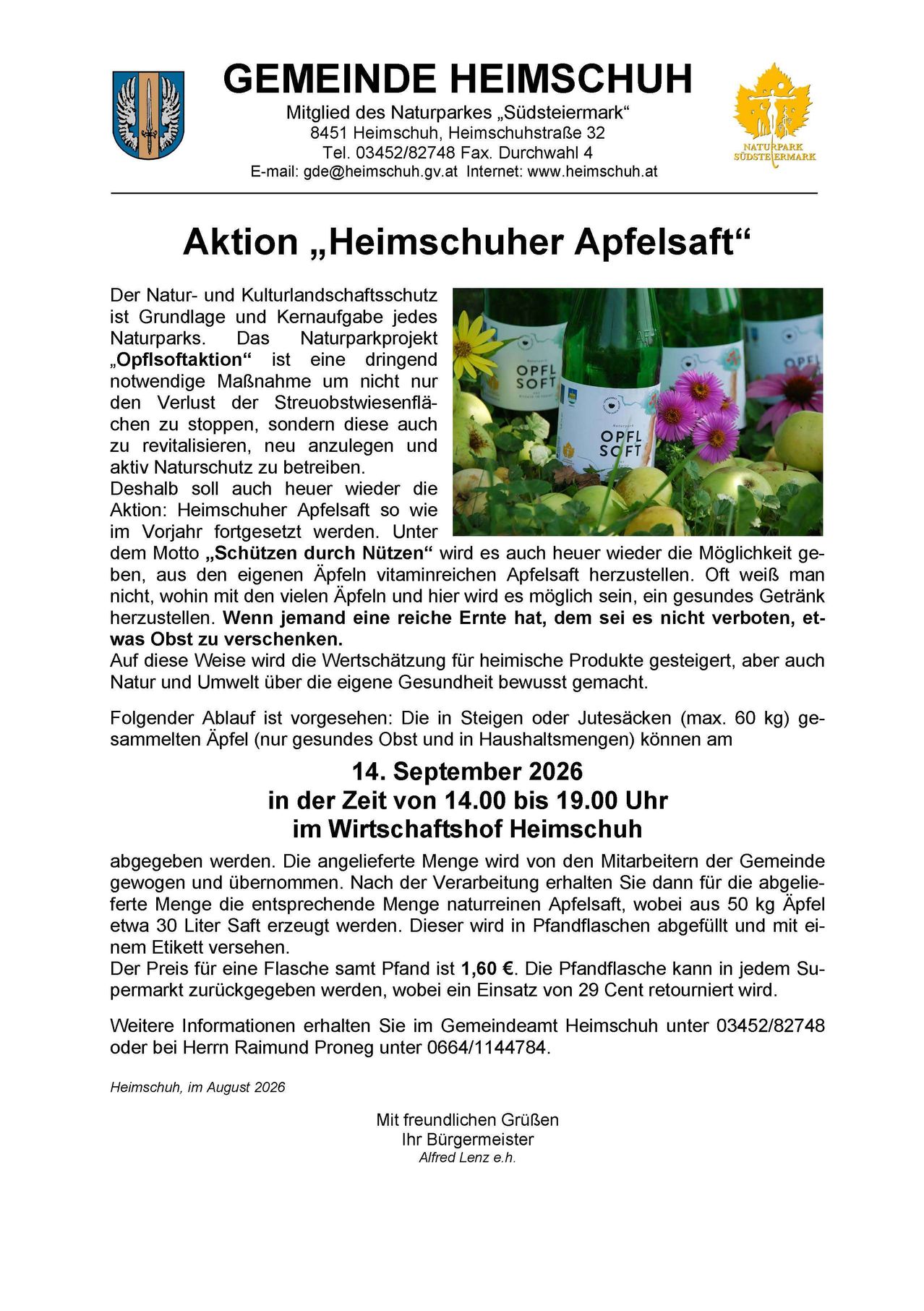 Das Bild ist eine Werbung für eine lokale Apfelsaftproduktionsveranstaltung in Heimschuh, Österreich. Es zeigt Flaschen mit Apfelsaft, Äpfel und Blumen. Der Text erklärt die Bedeutung der Erhaltung der lokalen Natur und Kultur und ermutigt zur Teilnahme am Apfelsaftproduktionsprozess.
