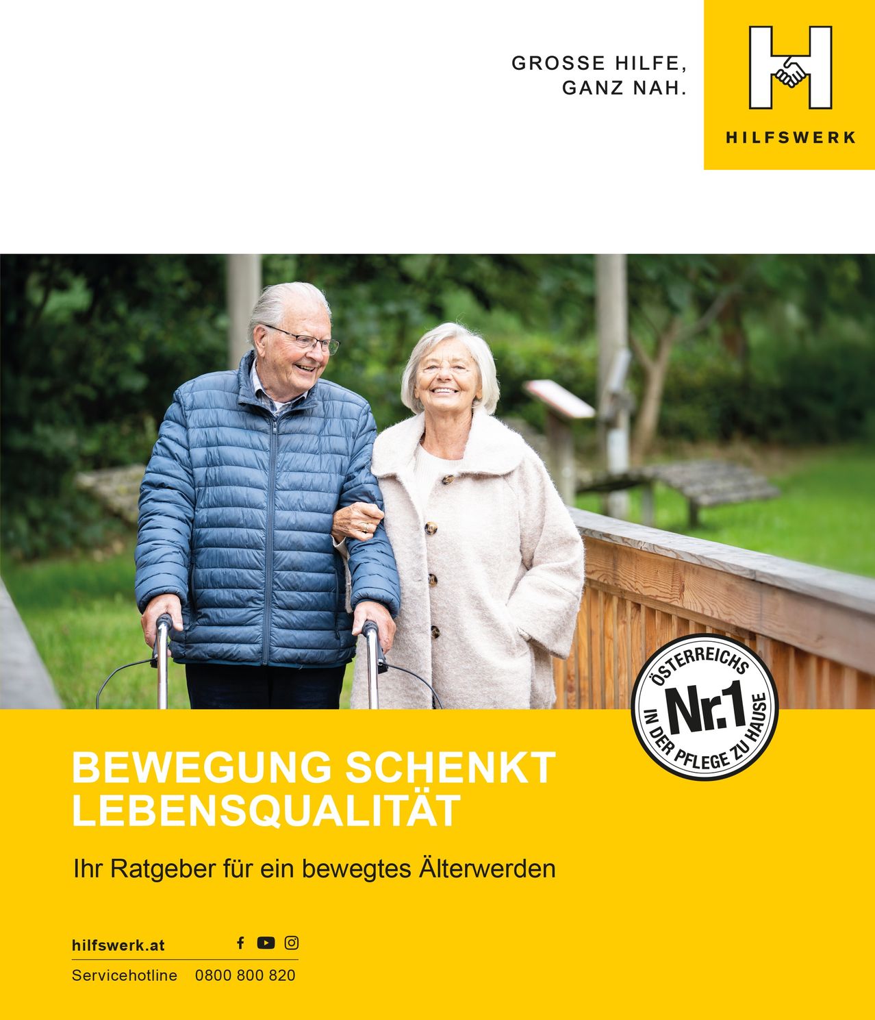 An elderly couple stands on a wooden deck, smiling and holding hands. The man uses a walker, and they are surrounded by a lush green environment. The image conveys a message about the importance of movement for quality of life.