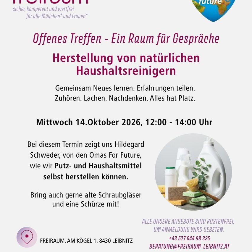 Poster for a free workshop on making natural cleaning products, featuring a woman with cleaning supplies and a globe. The workshop is on October 14, 2026, from 12:00 to 14:00.