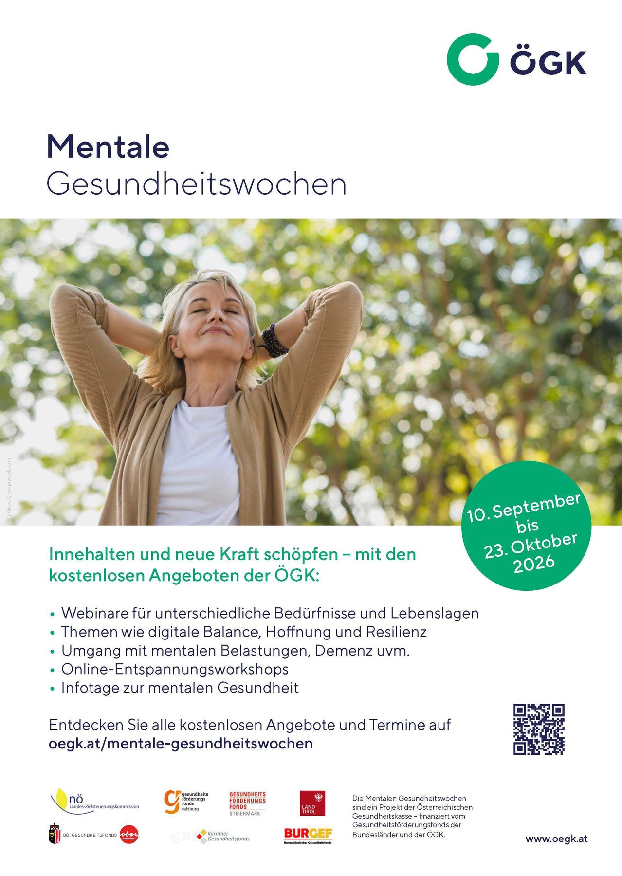 A woman in a park, smiling and looking up, with a QR code and text about free mental health workshops.