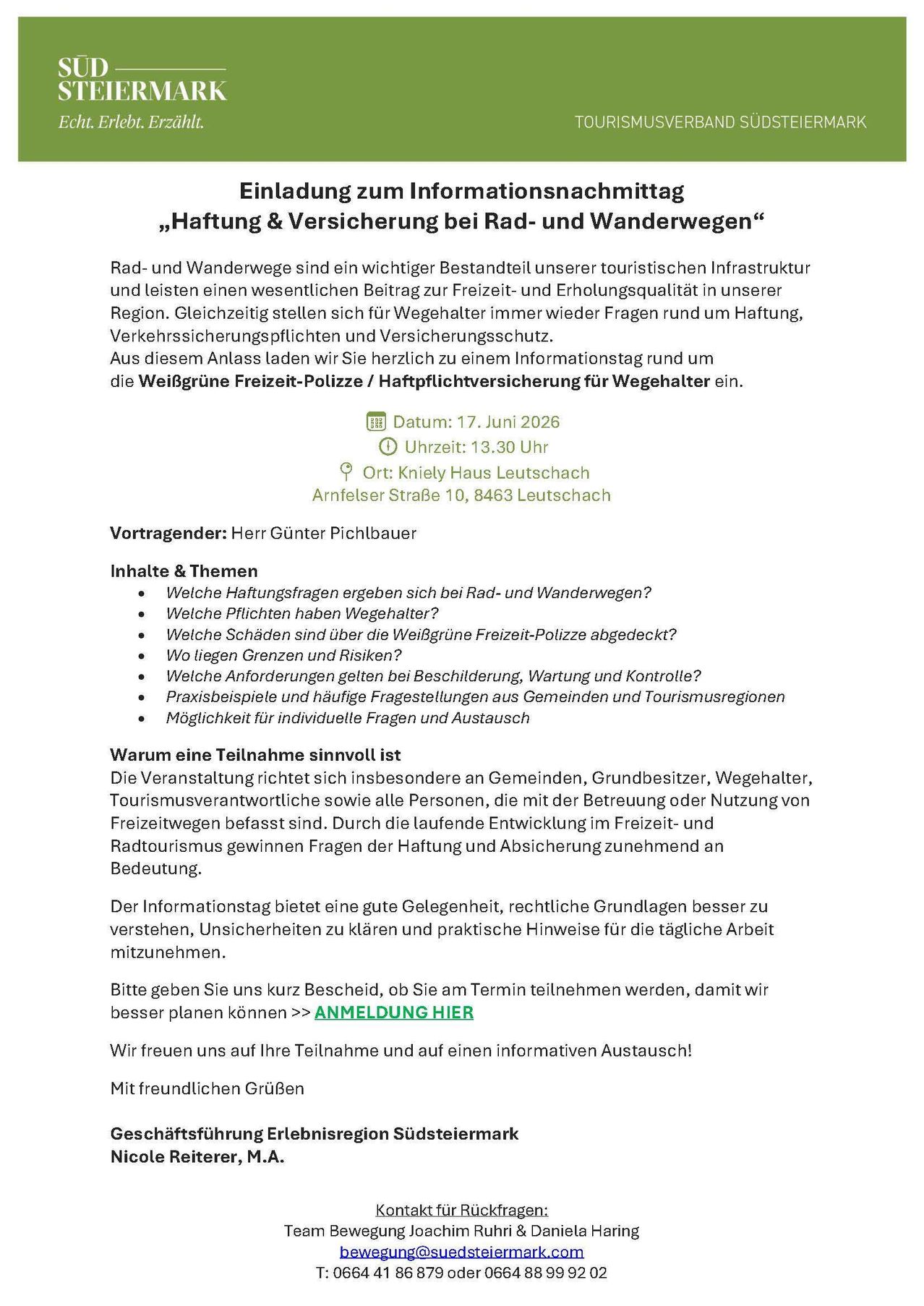 Das Bild ist ein Flyer für eine Informationsveranstaltung mit dem Titel 'Haftung & Versicherung bei Rad- und Wanderwegen'. Es enthält Datum, Uhrzeit, Ort, Referent und zu diskutierende Themen. Die Veranstaltung zielt darauf ab, die Teilnehmer über Haftung, Versicherung und Sicherheit für Radfahrer und Wanderer zu informieren. Zur besseren Planung wird zur Anmeldung aufgefordert.