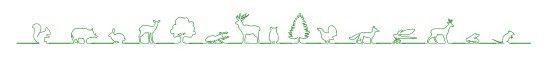 Eine Reihe verschiedener Tiere in grüner Linienkunst, darunter ein Eichhörnchen, Schwein, Kaninchen, Hirsch, Baum, Kuh, Katze, Vogel und mehr.