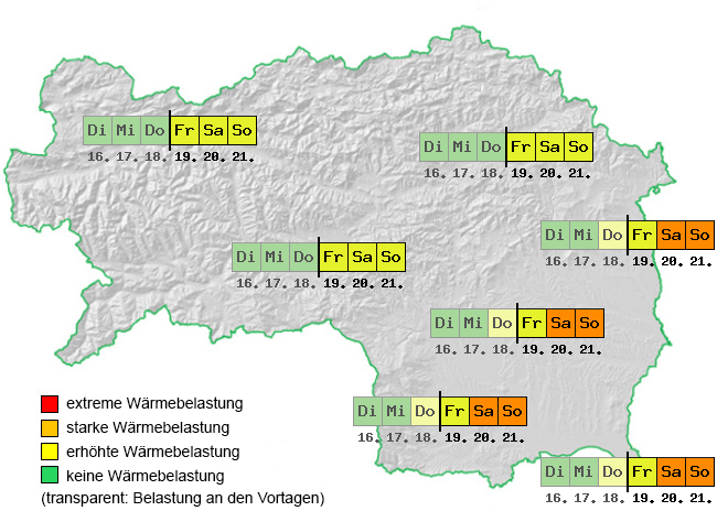 Eine Karte zeigt Warnungen vor Temperaturbelastungen. Rot bedeutet extreme Belastung, Gelb erhöhte und Grün keine Belastung. Durchsichtige Bereiche sind bevorstehende Belastungen.