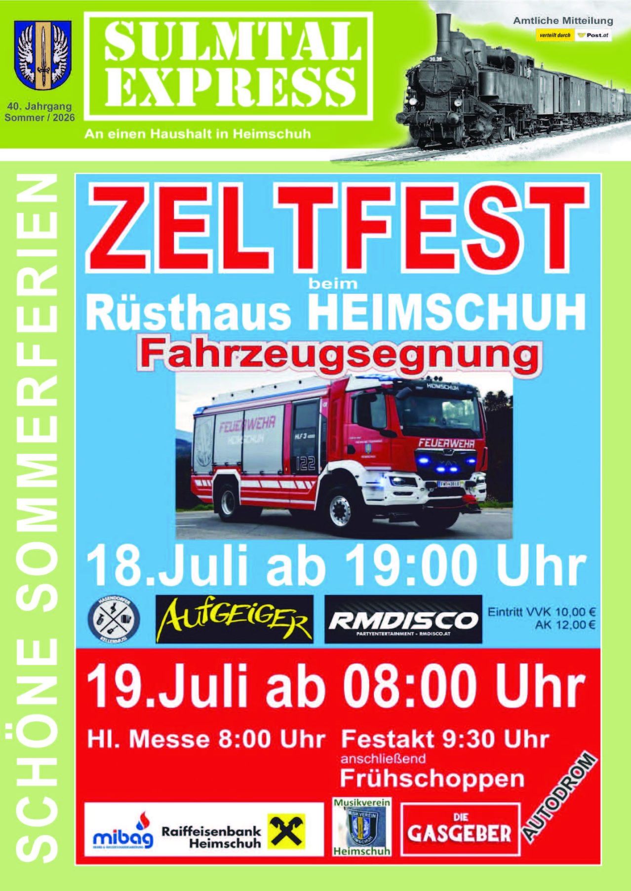 Ein Plakat für das Zeltfest im Heimschuh Resthaus. Es zeigt einen Feuerwehrwagen, Daten und Ticketpreise. Das Ereignis findet am 18. und 19. Juli statt.