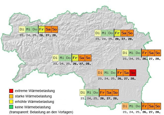 Eine Karte zeigt extreme, hohe und erhöhte Wärmebelastung in verschiedenen Gebieten, kategorisiert nach Tagen. Farben zeigen die Schwere. Transparente Bereiche haben keine Belastung.