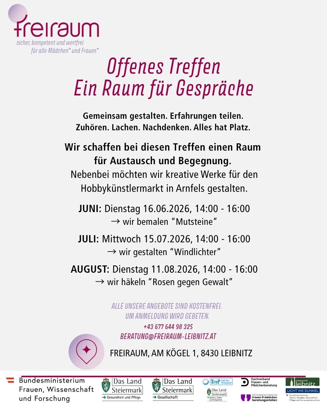 Offenes Treffen. Ein Raum für Gespräche. Gemeinsam gestalten. Erfahrungen teilen. Zuhören. Lachen. Nachdenken. Alles hat Platz. Wir schaffen bei diesen Treffen einen Raum für Austausch und Begegnung. Daneben möchten wir kreative Werke für den Hobbykünstlermarkt in Arnfels gestalten.