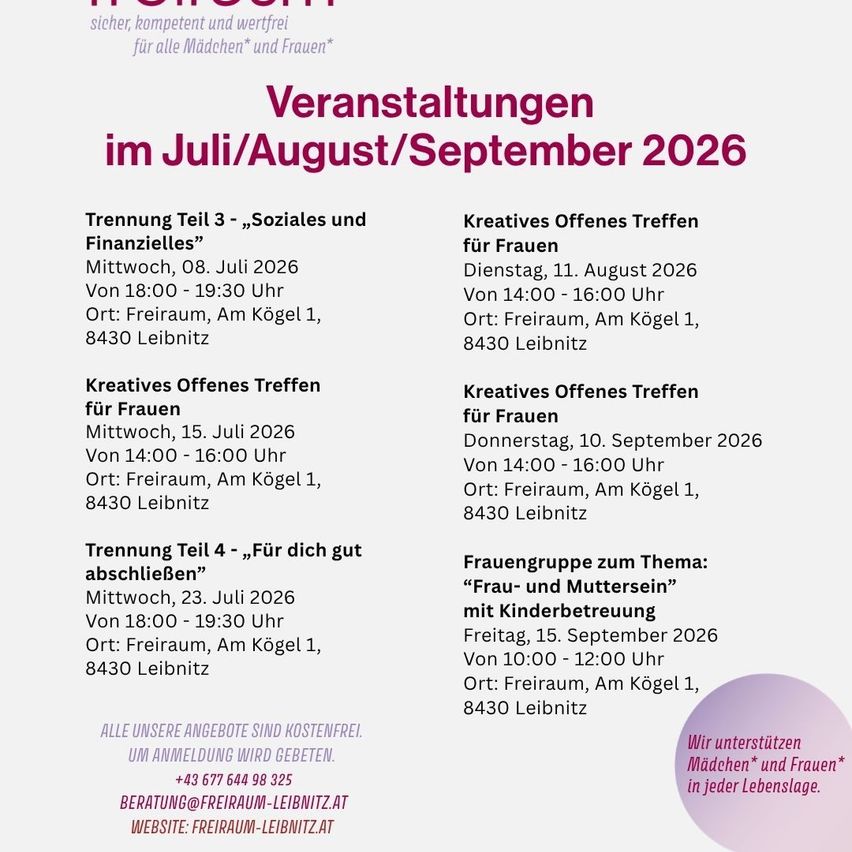 Veranstaltungen im Juli/August/September 2026. Mittwoch, 08. Juli 2026, 18:00-19:30 Uhr. Dienstag, 11. August 2026, 14:00-16:00 Uhr. Mittwoch, 15. Juli 2026, 14:00-16:00 Uhr. Donnerstag, 10. September 2026, 14:00-16:00 Uhr. Mittwoch, 23. Juli 2026, 18:00-19:30 Uhr. Freitag, 15. September 2026, 10:00-12:00 Uhr.