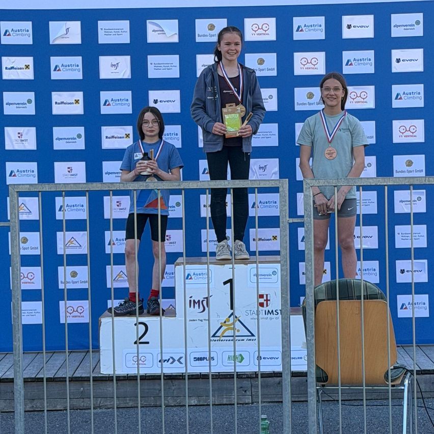 Drei junge Athletinnen stehen auf einem Podest und halten Medaillen in den Händen. Die Erste steht auf einer goldfarbenen Plattform mit der Nummer '1'. Die anderen stehen auf Plattformen mit den Nummern '2' und '3'. Sie stehen auf einer Bühne mit einem blauen Hintergrund, der verschiedene Logos aufweist.