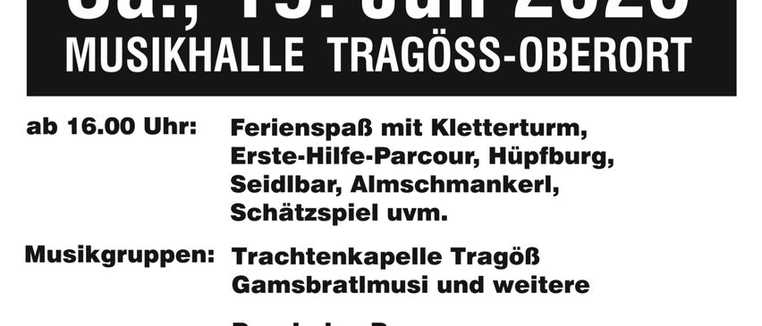 Plakat für das 19. Almfest der Bergrettung Tragöss am 19. Juli 2025. Aktivitäten umfassen einen Ferienmarkt, Erste-Hilfe-Kurs, Ballonfahrt, Bogenschießen, Schatzsuche. Musikgruppen sind Trachtenkapel Tragös Gamsbratlmusi. Geführt von EDI Lengger. Tanz mit Alpis ab 21 Uhr. Tickets: €5 im Vorverkauf, €8 an der Abendkasse.
