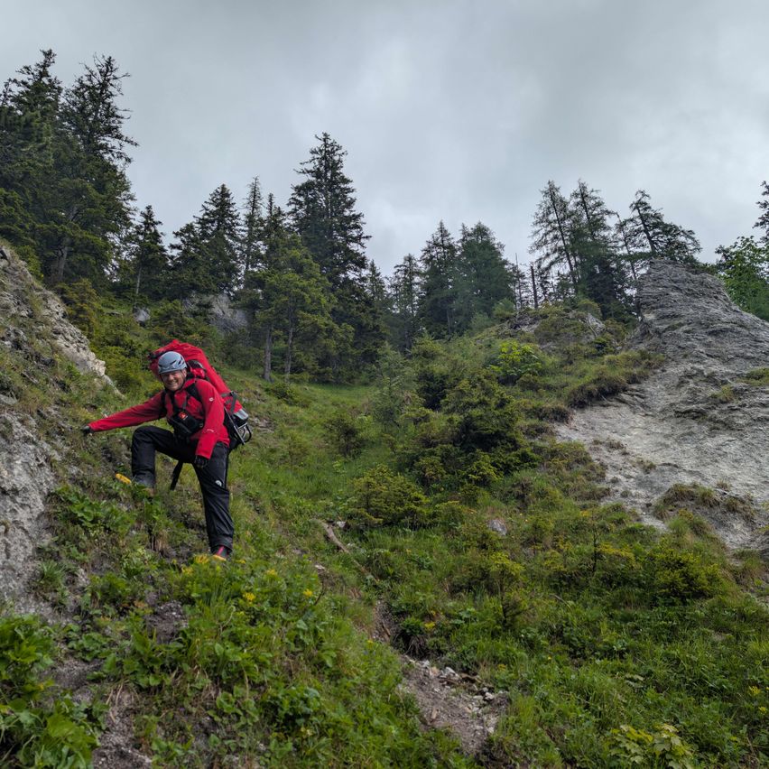 Ein Wanderer in einem roten Jackett und mit einem roten Rucksack klettert einen steilen Grashang in einem Wald unter einem bewölkten Himmel.
