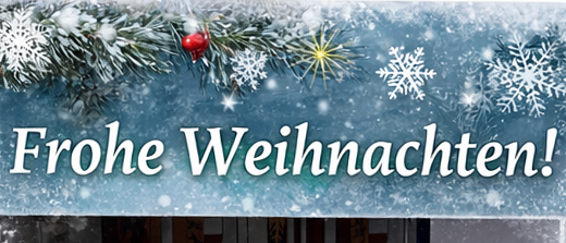 Eine Gruppe von Menschen in roten Kleidern posiert für ein Foto mit einem Weihnachtsthema. Sie halten ein Buch in der Hand und tragen Weihnachtsmützen. Der Hintergrund ist mit Schneeflocken und Weihnachtslichtern geschmückt.