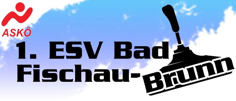 Das Logo für ESV Bad Fischau-Brunn zeigt die Nummer 1, ihren Namen in Fettdruck und einen stilisierten Abfluss. Der Hintergrundhimmel ist blau mit weißen Wolken.