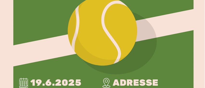 Das Bild ist ein Poster für ein Tennis-Event namens Tie-Break Open 1, geplant für den 19. Juni 2025. Es zeigt einen Tennisball auf grünem Hintergrund und Details zur Veranstaltung, einschließlich Adresse, Kontaktdaten und Anmeldeinformationen für Damen und Mixed-Doppel.