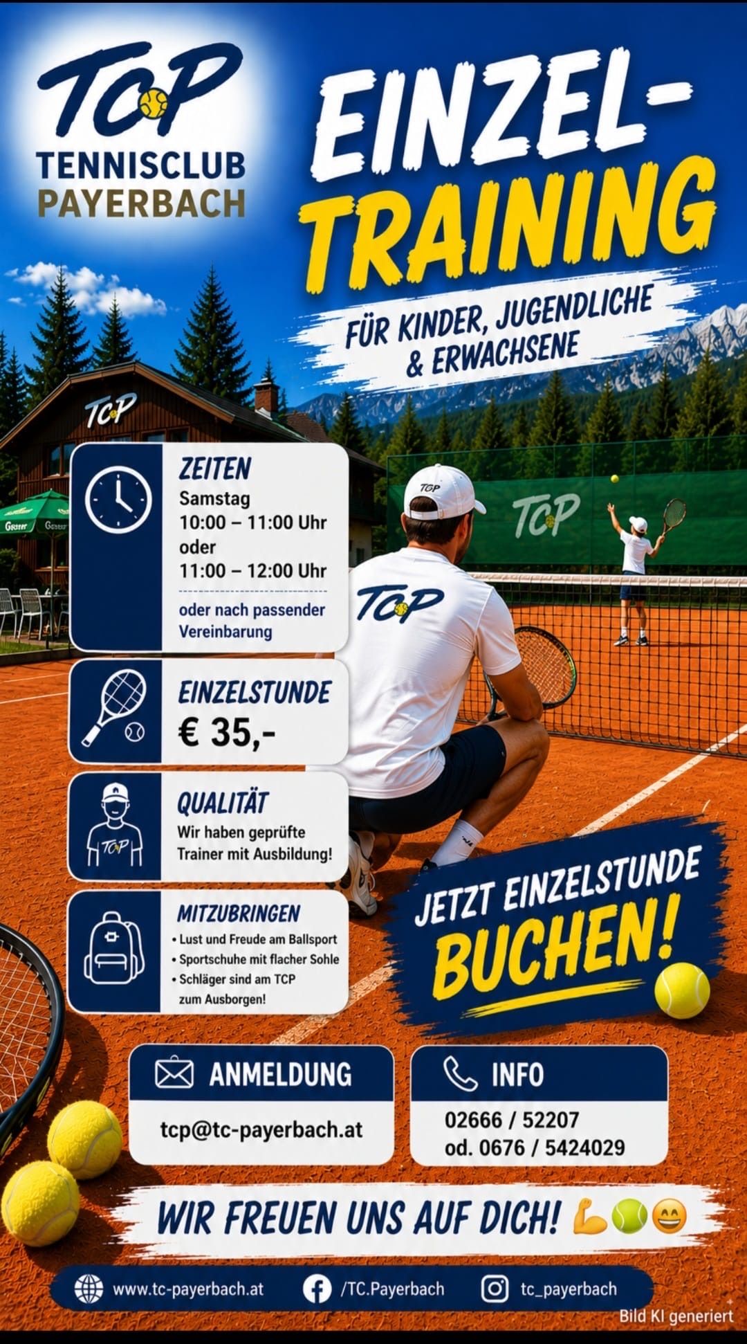Ein Tennisplatz-Werbeplakat mit einem Mann und einem Kind, die Tennis spielen. Die Anzeige enthält Zeiten, Preise und einen Aufruf, eine Lektion zu buchen.