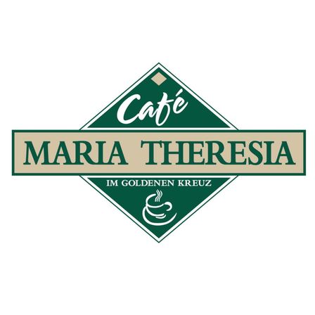 Das Logo für Cafe Maria Theresia, im Goldenen Kreuz gelegen, zeigt eine stilisierte Kaffeetasse mit aufsteigendem Dampf, alles in einem grünen Rautenmuster.